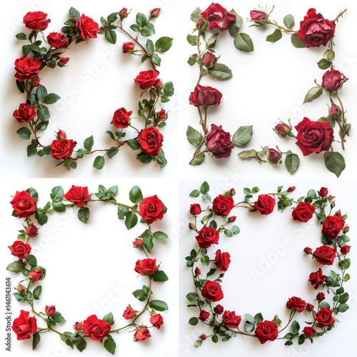 Red roses forming a decorative frame, isolate on white background. Mix Collection.