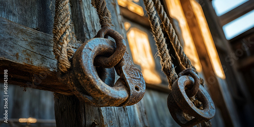 Obraz na płótnie Rusty Industrial Metal Hooks and Chains Hanging on Aged Wooden Wall w salonie