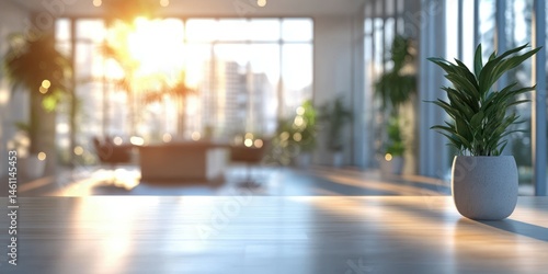 Bright sunlight filtering through windows onto a modern office space with a green plant on a wooden table