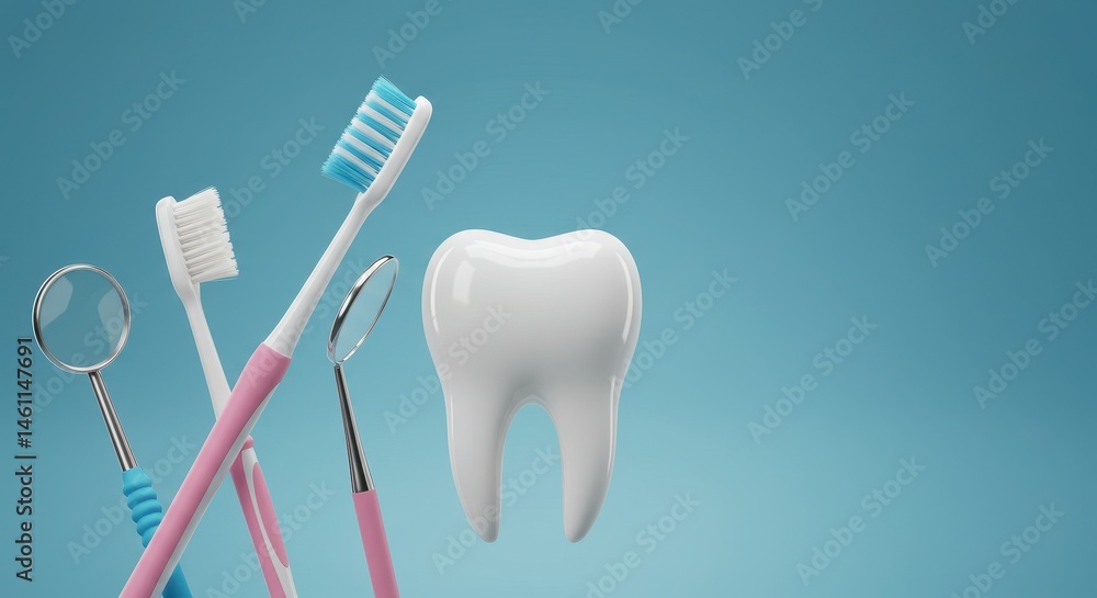 White Tooth With Pink And Blue Toothbrushes And Dental Tools On Blue Background White Tooth With Pink And Blue Toothbrushes And Dental Tools On Blue Background
