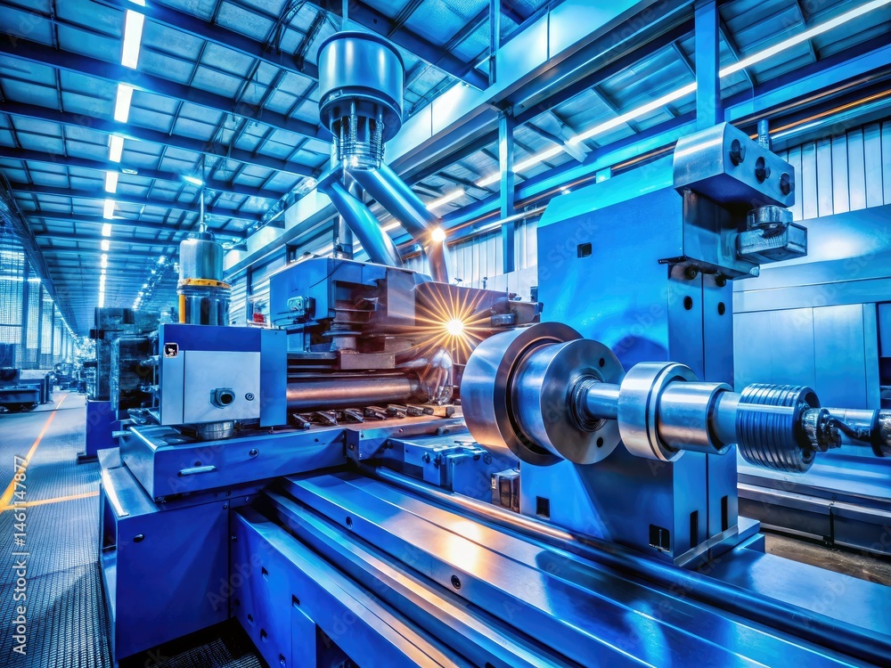 Fototapeta premium High-Tech Blue Engineering Machine, Modern Factory Production, Industrial Automation, Complex Machinery Manufacturing
