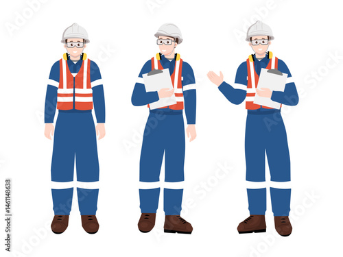 Set of industrial engineers in safety suits holding clipboard, working in factory inspection, supervision and occupational safety concept.