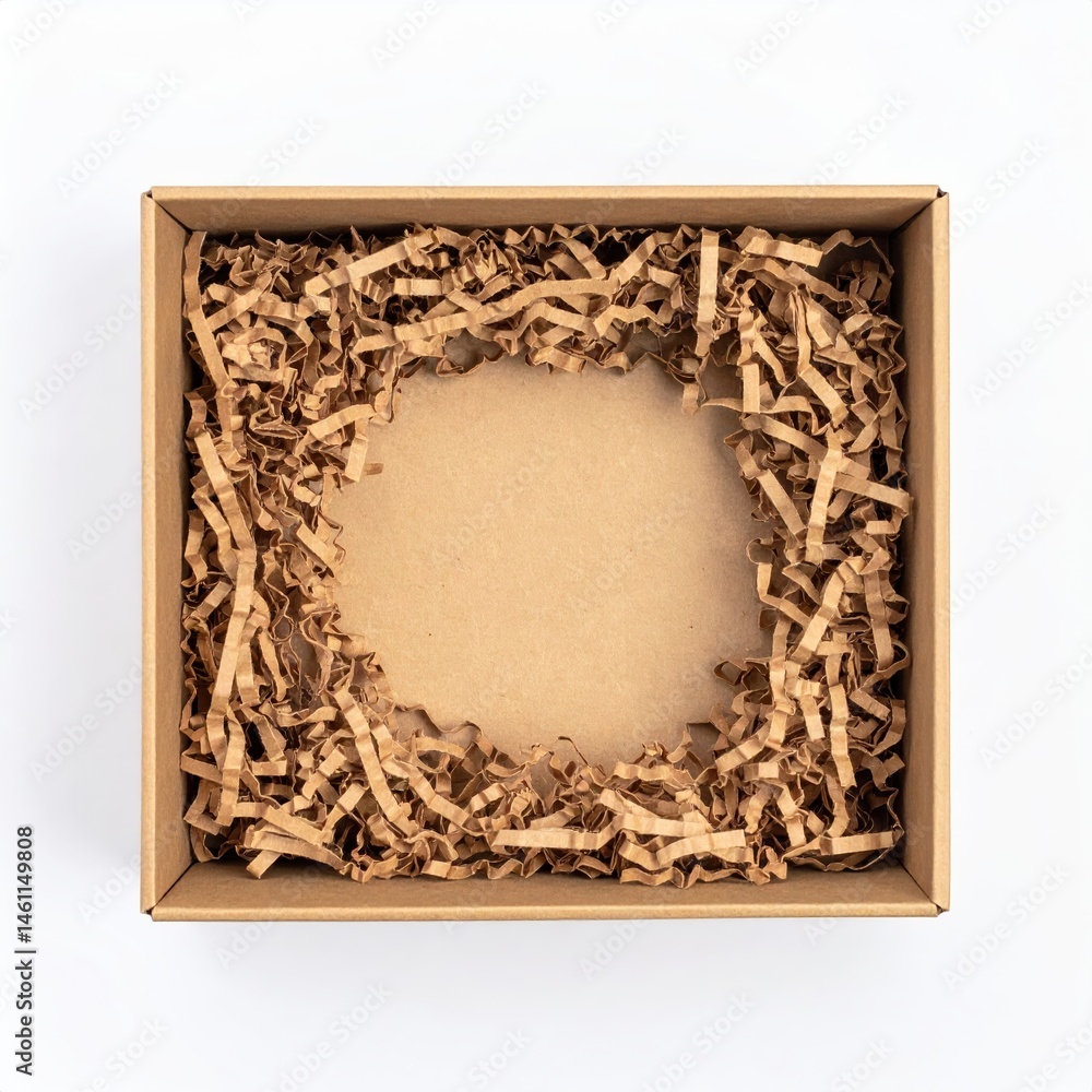 Fototapeta premium A sturdy cardboard box filled with light brown wood chips, showcasing a natural texture and earthy tones, perfect for packaging or crafting projects.