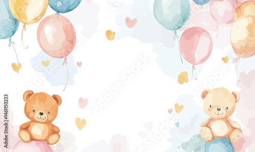Cute Watercolor Baby Shower Invitation with Teddy Bears and Balloons for Newborn Celebrations