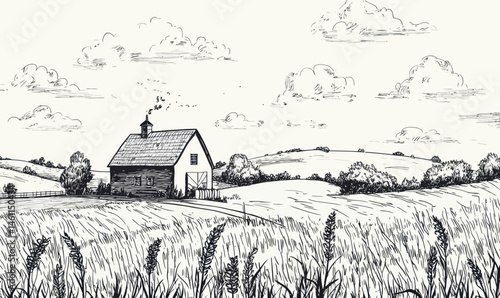 Rural Farm Landscape Engraving Style Minimalist Vector Illustration