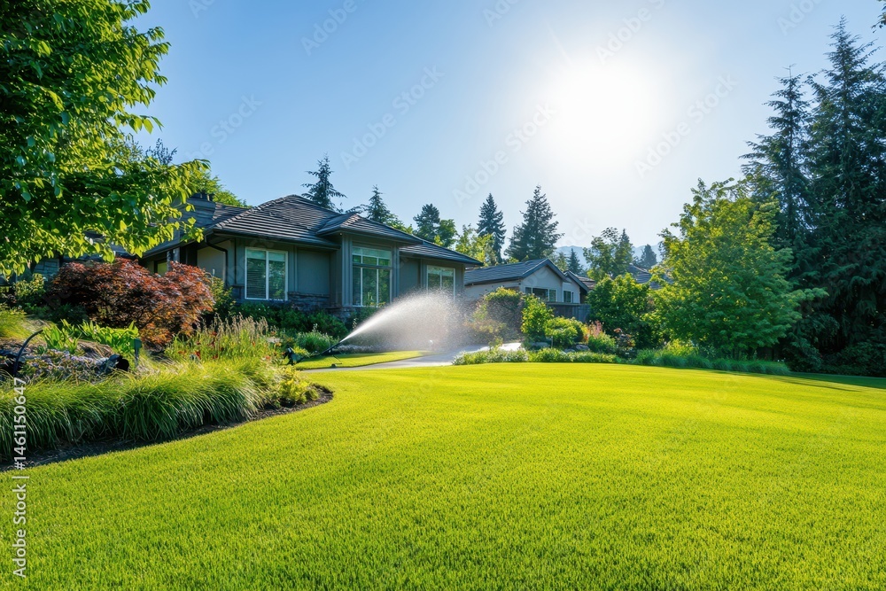 Naklejka premium House with bright green lawn being watered by a sprinkler system. Perfect for real estate, landscaping, or home improvement needs.