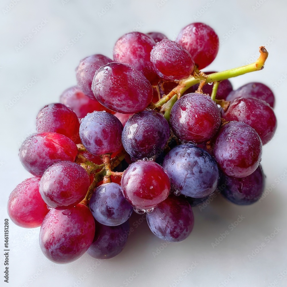 Fototapeta premium Red Grapes Cluster: A vibrant bunch of red grapes, glistening with moisture, sits on a neutral background, showcasing their plump, juicy appearance.