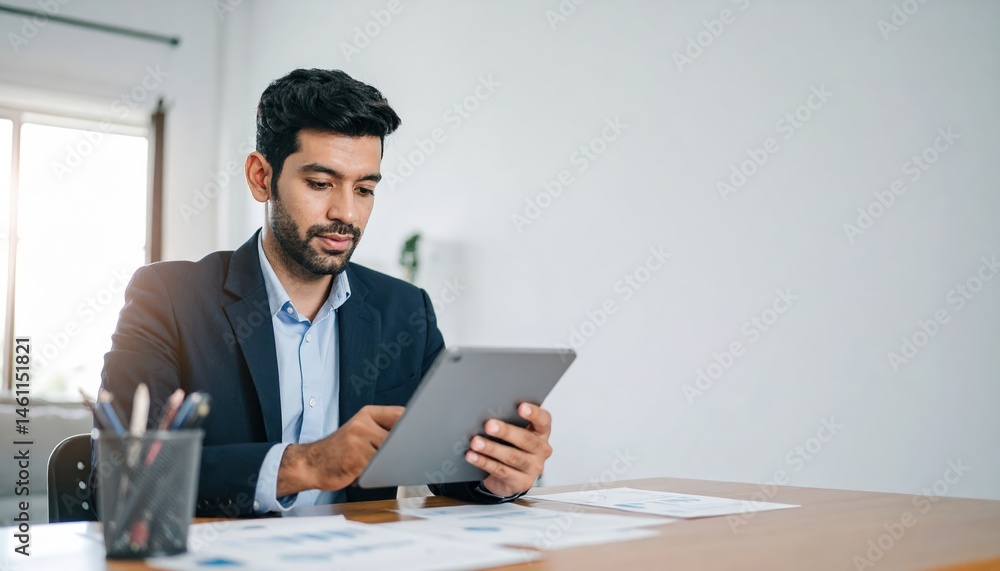 A professional man in a tailored suit sits at a sleek wooden desk, intently using an iPad, surrounded by office essentials and a modern workspace. A professional man in a tailored suit sits at a sleek wooden desk, intently using an iPad, surrounded by office essentials and a modern workspace.