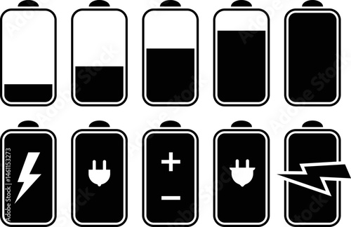 Battery and power icon set.  powerfully charged. charge indicator. Energy power accumulator. UI design battery elements
