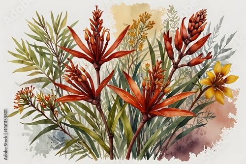 Kangaroo paw flowers paired with complementary australian native flora in watercolor style