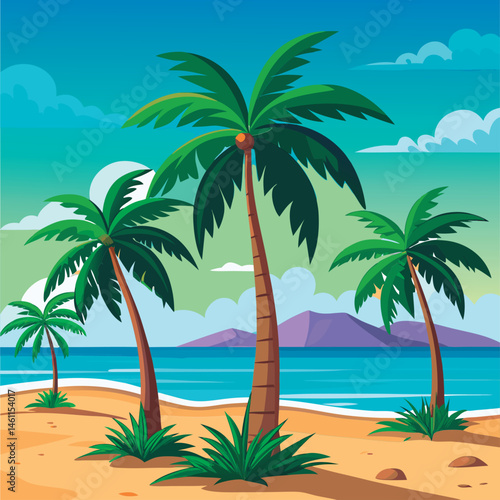 Tropical beach scene with palm trees.