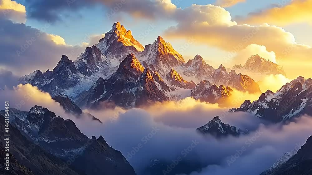Majestic Mountain Peaks Surrounded by Vibrant Clouds at Sunset Majestic Mountain Peaks Surrounded by Vibrant Clouds at Sunset