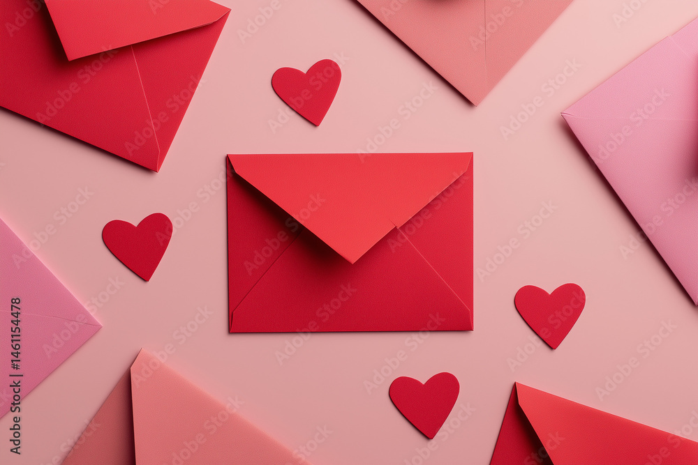 background with red envelopes a pink background, in a flat lay. Love letter concept for greeting card design or banner. background with red envelopes a pink background, in a flat lay. Love letter concept for greeting card design or banner.