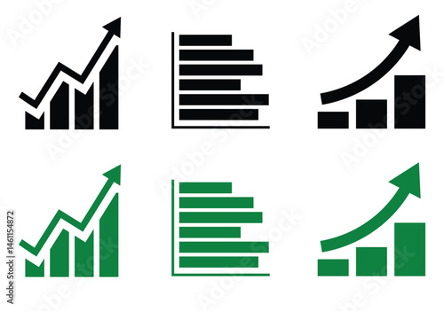 Check-mark bar growth chart, Stacked horizontal bar chart, Steady bar growth with arrow black and white icon set