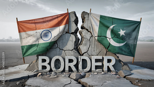 India Pakistan Border Conflict Cracked Earth and Barbed Wire Photo realistic Illustration

