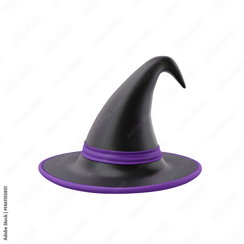 Fototapeta premium 3D Halloween witch hat in black and purple colors with curled tip.