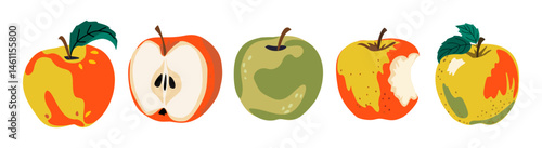 Fresh apple fruit set. Yellow, red and green apple, whole, cut, bite fruits collection. Healthy sweet vitamin summer food. Natural eating. Flat vector illustration isolated on transparent background