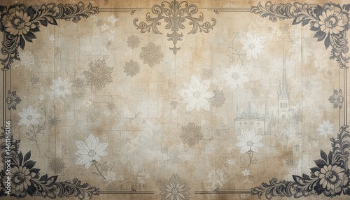 Ornate floral and architectural sketch on aged parchment backgro