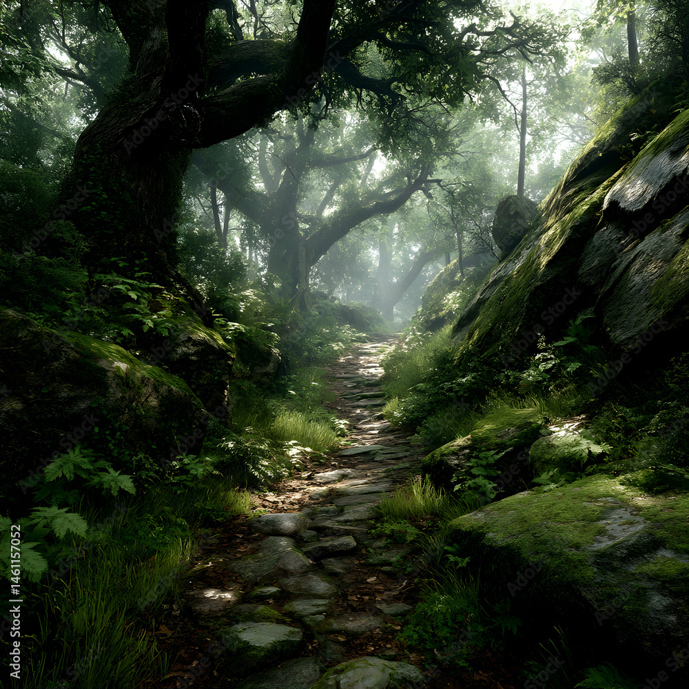 Misty Forest Path A Stone Stairway Through Lush Greenery Misty Forest Path A Stone Stairway Through Lush Greenery