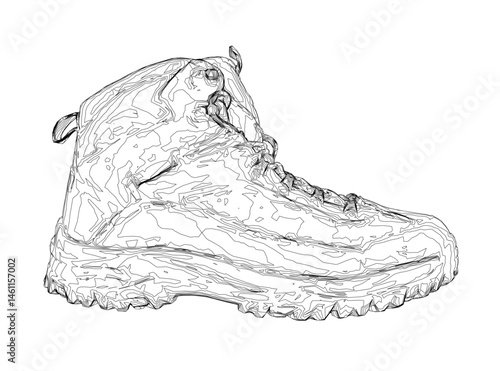 A shoe with a black sole and white laces. The shoe is designed to be worn in cold weather