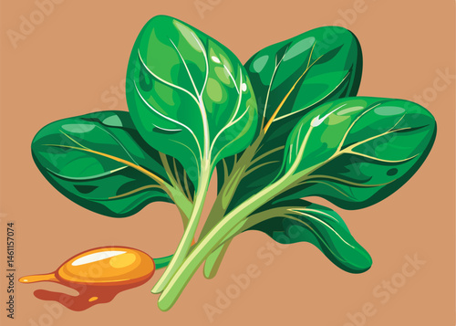 Fresh spinach leaves with a golden seed.