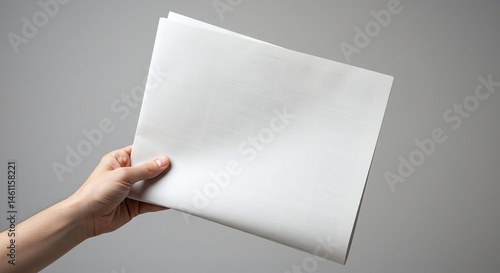 Hand holding blank newspaper mockup. Hand holding blank white papers or documents for print mockup design