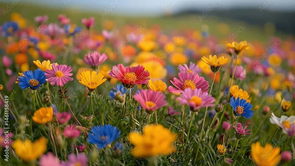 Vibrant Meadow Filled with Yellow Pink and Blue Wildflowers Blooming Under Natural Lighting With Green Grass and Blurred Hills in Background Vibrant Meadow Filled with Yellow Pink and Blue Wildflowers Blooming Under Natural Lighting With Green Grass and Blurred Hills in Background