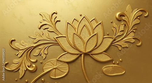 Golden Bloom: 3D Elegance of Lotus and Stucco Foliage