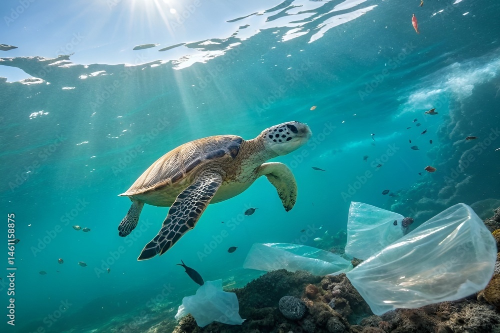 Fototapeta premium Sea Turtle Trapped in Ocean Plastic – Realistic Underwater Pollution Scene