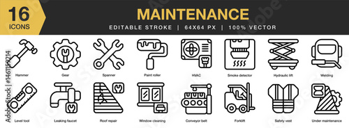 Maintenance icon set. Editable Stroke Icon Collection. Includes maintenance, repair, work, service, technician, safety, and More. Outline icons vector collection.