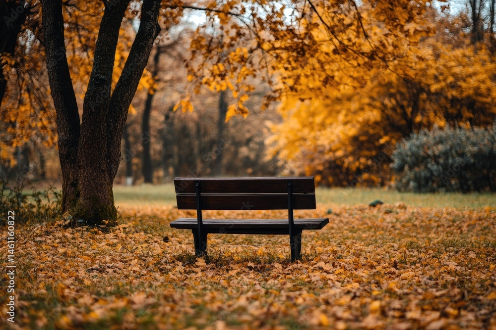 Autumn park bench, fall foliage, peaceful scene Autumn park bench, fall foliage, peaceful scene
