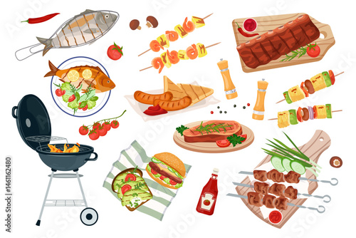 Grilled food and BBQ elements. Sausages, meat skewers, steak, fish and shrimp, burger and vegetables grill. Summer picnic, party meal, barbeque set for menu design, posters, banner Vector illustration