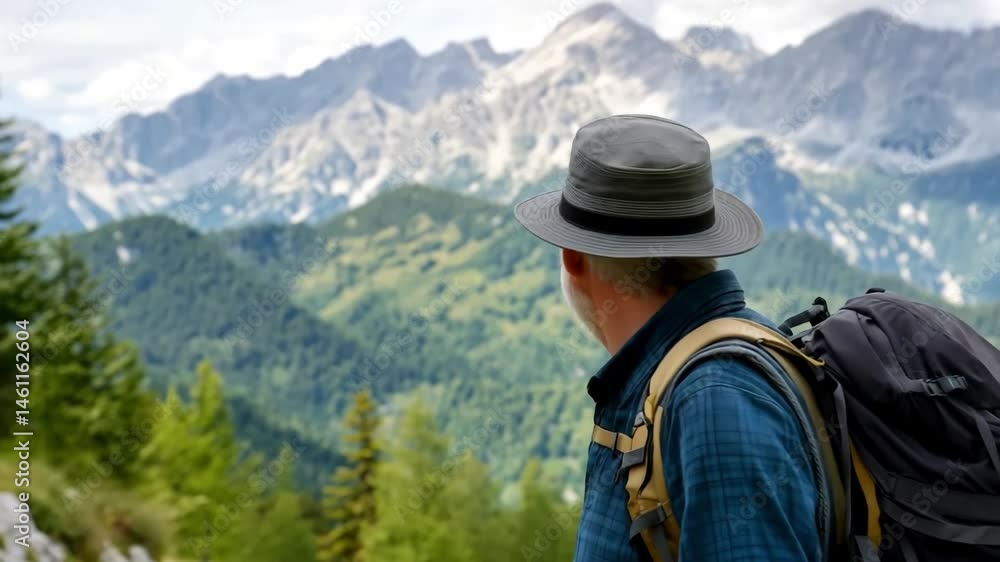 Smiling elderly man poses against the backdrop of snow-capped mountains and a green valley. Travel, recreation, tourism concept. Smiling elderly man poses against the backdrop of snow-capped mountains and a green valley. Travel, recreation, tourism concept.