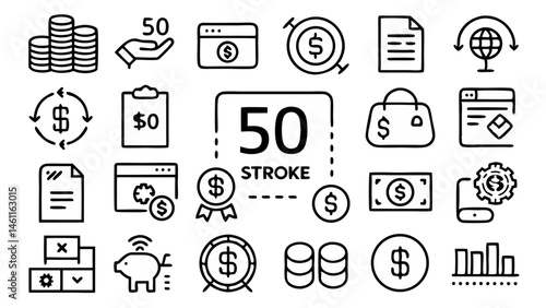 Payment Line Icons for Financial Transactions and Money Management Services