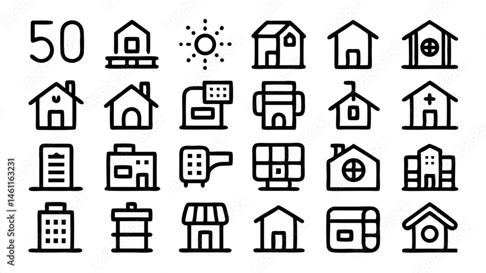 Real estate icon collection featuring visuals of houses, kitchens, and bedrooms suitable for property websites, rental apps, or home design and realty branding Real estate icon collection featuring visuals of houses, kitchens, and bedrooms suitable for property websites, rental apps, or home design and realty branding