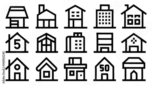 House and interior icon set including bedrooms and kitchen graphics perfect for real estate marketing, architectural presentations, and property development themes