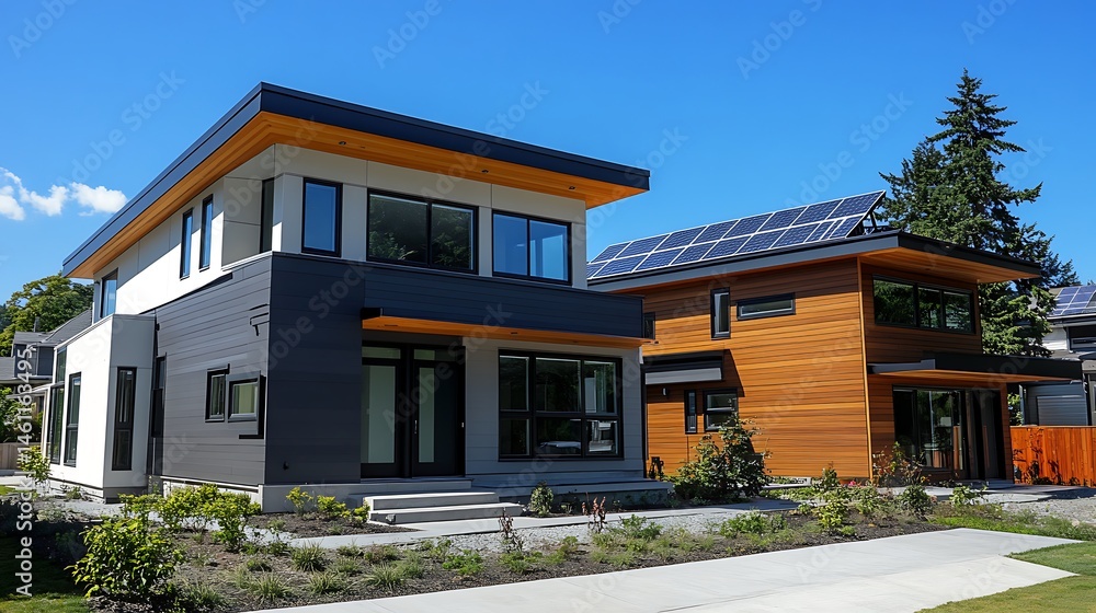 Fototapeta premium two modern houses with solar panels on the roof
