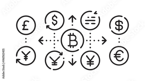 Currency exchange icon set with dollar sign and money transfer visuals perfect for international finance applications, banking tools, and currency market interfaces