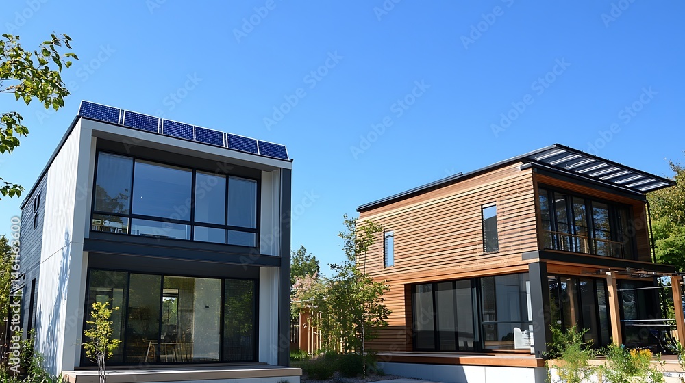 Fototapeta premium two modern houses with solar panels on the roof