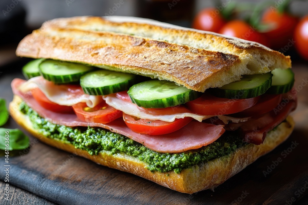 Foccacia Sandwich with Fresh Pesto, Ham, Cucumber, and Salad Foccacia Sandwich with Fresh Pesto, Ham, Cucumber, and Salad