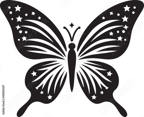 Silhouette of butterfly and star fusion, symbolizing transformation and dreams, ideal for tattoos, logos, and celestial-themed designs.