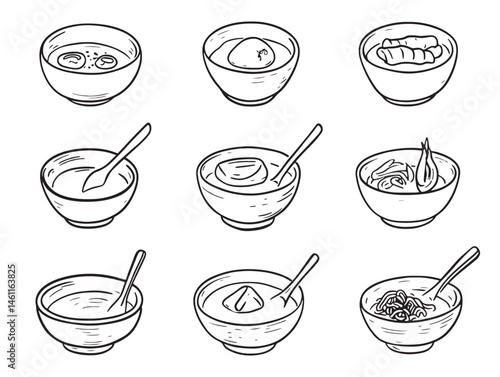 traditional asian congee meal in simple line art drawing
