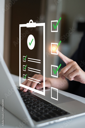 Close-up hand businessman doing checklist document survey list quality questionnaire choice form mark concept