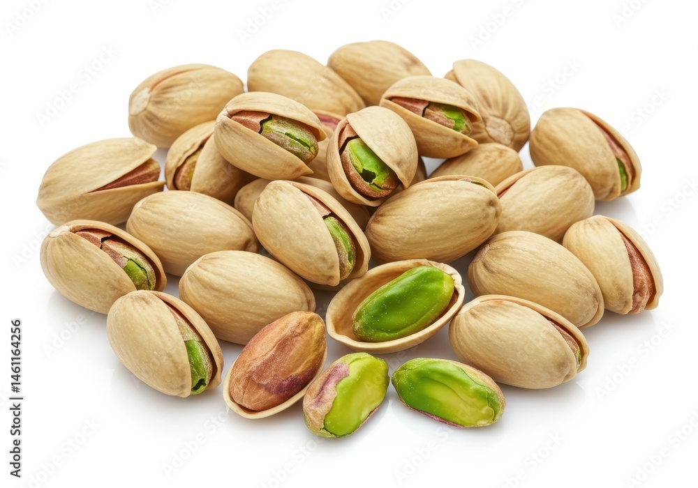 Pile of pistachios with shells and kernels on a white background Pile of pistachios with shells and kernels on a white background