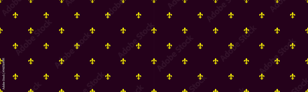Elegant gold fleurdelis pattern on a deep purple background. Perfect for luxurious branding, invitations, or textile design. Elegant gold fleurdelis pattern on a deep purple background. Perfect for luxurious branding, invitations, or textile design.
