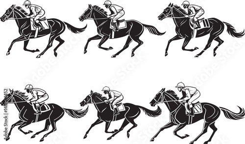 Horse Racing Silhouette with Jockey in Motion - Minimalist Black and White Vector Art