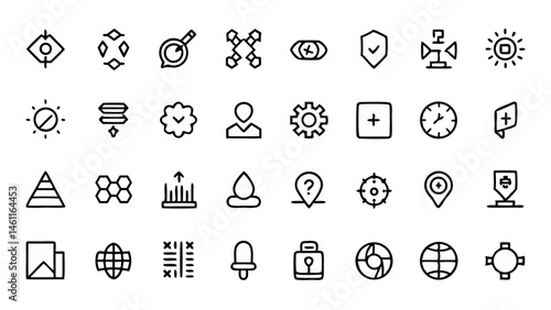 Modern flat linear vector icons set depicting conceptual illustrations for digital applications, web development, and creative design solutions