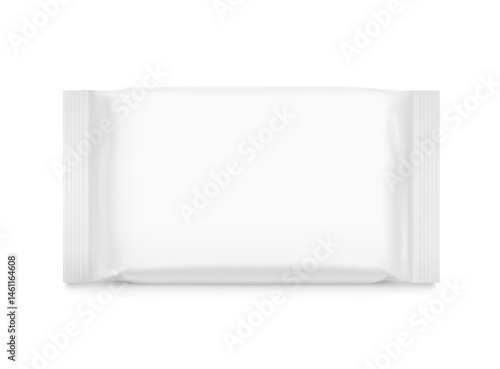 Realistic flow pack mockup. Front view. Vector illustration isolated on white background. Can be use for your design, promo, adv and etc. EPS10.	