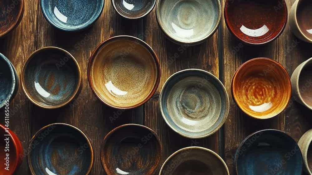 Various ceramic bowls arranged on a wooden surface Various ceramic bowls arranged on a wooden surface