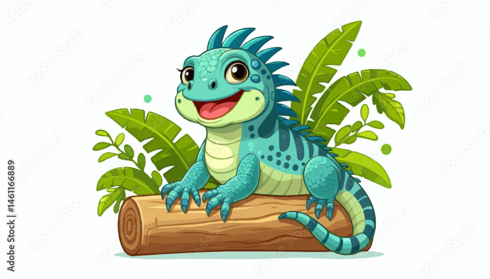 Fototapeta premium A cute green dragon cartoon vector illustration of a happy reptile with a funny smile